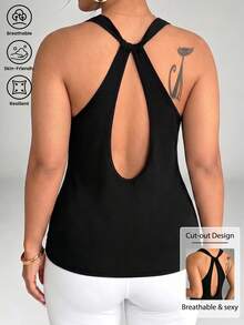 SHEIN Dewbera Plus Size Solid Color Hollow Back Sports Tank Top - Black - View 1