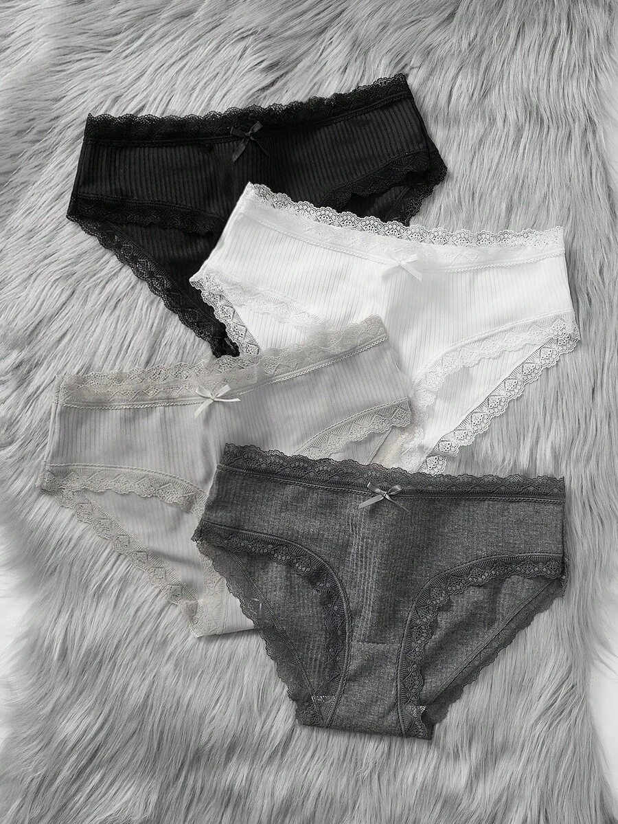 SHEIN 4 件/包 少女女孩 可爱简约舒适蕾丝蝴蝶结装饰弹力腰比基尼内裤 - 彩色 - 查看 1