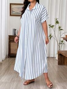 SHEIN LUNE CURVE 女款夏季條紋襯衫洋裝，寬鬆版型，肩袖設計，翻領，前開鈕扣，百搭長版襯衫洋裝 - 霧霾藍 - 查看 3