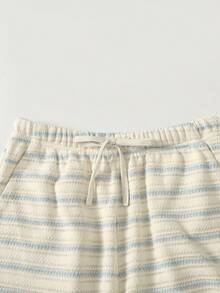 SHEIN Tween女孩夏季新款休閒度假日常穿著藍白紋理條紋寬鬆短袖T恤與長褲套裝 - 藍白色 - 查看 7