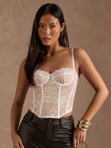 SHEIN BAE 女士花卉蕾丝修身性感吊带背心 - 白色 - 查看 4