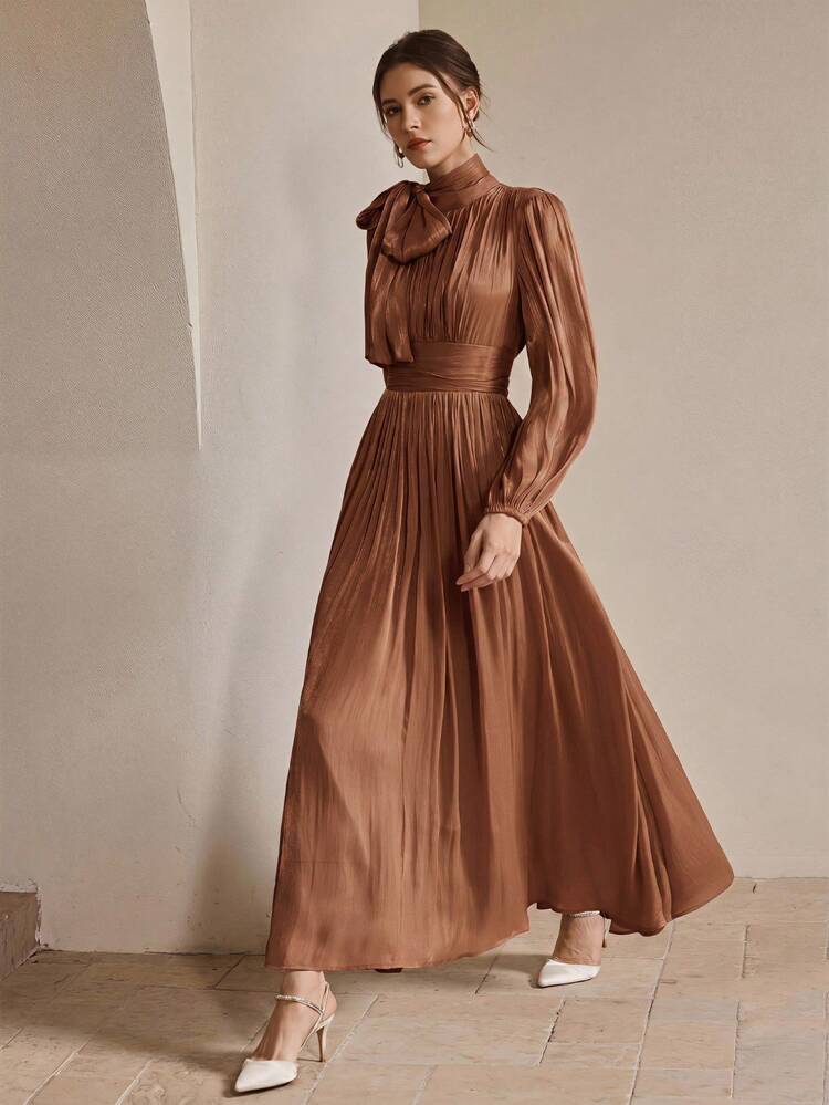 Anewsta Women's Long Dress, Spring/Autumn Style, Waist Pleats, Shiny Fabric, Elegant Elegant, Versatile - Coffee Brown - View 4