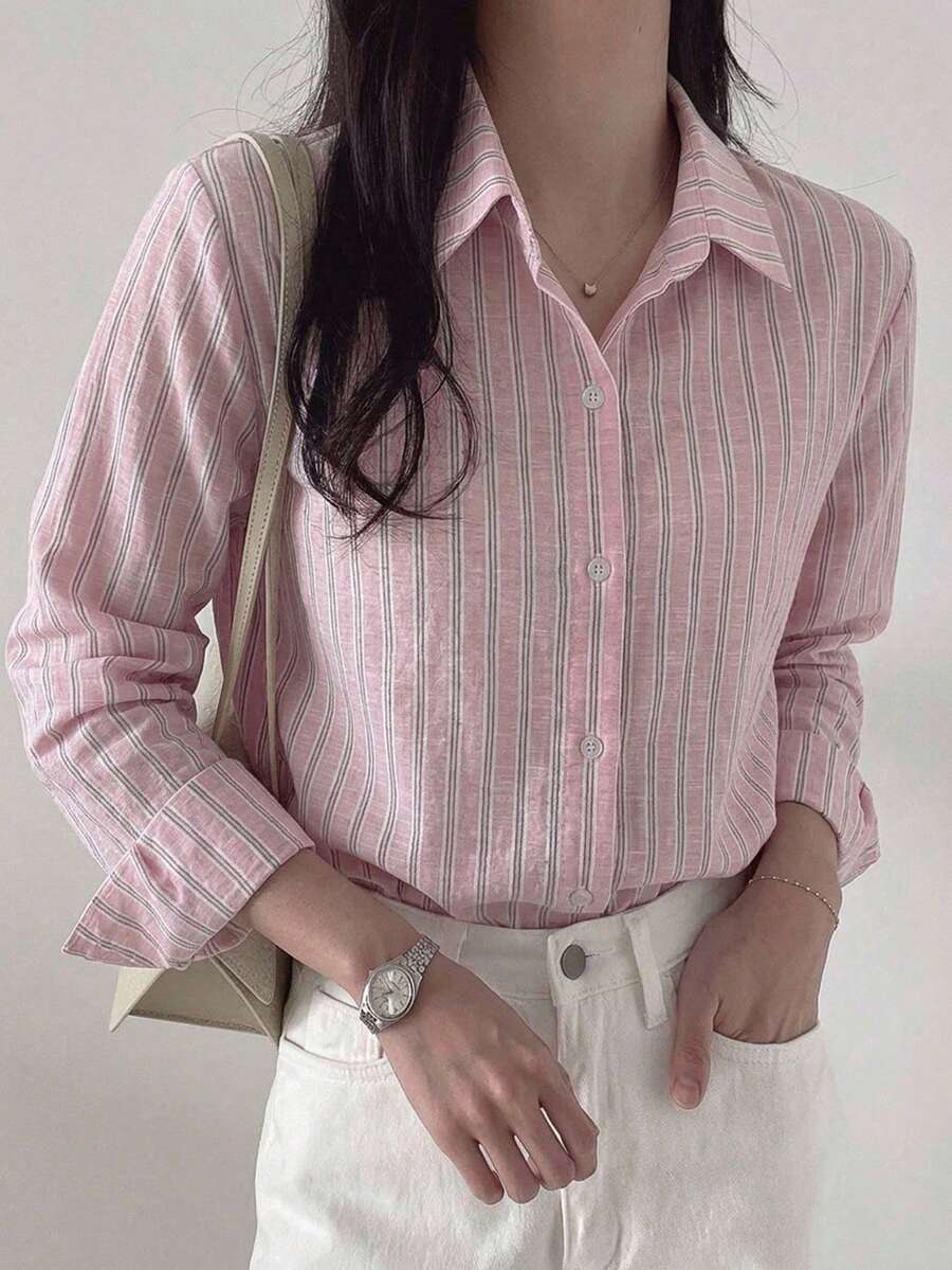 DAZY 女款條紋單排扣商務休閒長袖襯衫 - 紅色 - 查看 1