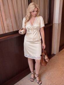 Dripcurv Plus-Size Women's White Top And Skirt Two Pieces Set.Elegant Tops,Vacation Outfits Women - Apricot - View 4