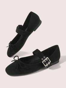 CUCCOO DOLLMOD Women's Shoes Spring And Summer Versatile Bow Buckle Small Square Toe Flat Heel Suede Mary Jane Shoes Commuter Casual Wear - Black - View 3