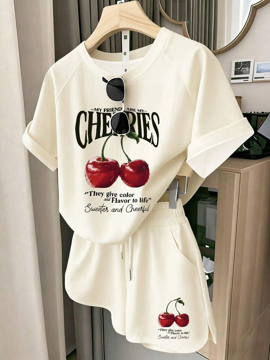 Setelan Kaos dan Celana Pendek Longgar Lengan Raglan Berkerah Bulat dengan Motif Huruf Cherry untuk Remaja Perempuan, Dilengkapi Saku, Setelan Kasual, Cocok untuk Musim Panas, Setelan yang Dipersonalisasi, Acara Keluarga, Pakaian Kasual, Nyaman dan Mudah Dipakai, Olahraga Ringan, Gaya Dasar, Mode Sehari-hari - MultiWarna - View 1
