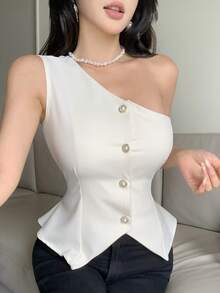 DAZY Women's Summer Autumn Asymmetric Shoulder Sleeveless Waist-Cinching Pearl Button Decor Solid Color Blouse - White - View 8