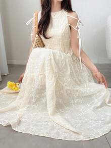 FRIFUL 女款夏季優雅花卉刺繡繫腰洋裝 - 杏色 - 查看 8