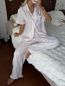 CottageSlumber Bubble Crinkle Ruffle Sleeve Chain Print Floral Short Sleeve Long Pants Pajama Set - Multicolor - View 5