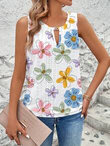 Breezaya Women's Spring/Summer Holiday Casual Embroidered Jacquard Jacquard Water Drop Keyhole Neck Sleeveless Tank Top - Multicolor - View 5