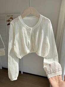 SHEIN Tween Girl Solid Color Casual Versatile Daily Wear Cardigan - White - View 6
