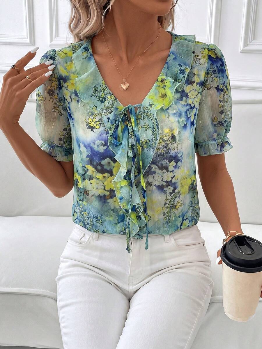 SHEIN Clasi 女款夏季粉色雪紡印花荷葉邊襯衫,浪漫優雅度假通勤街頭百搭上衣 - 藍色 - 查看 1