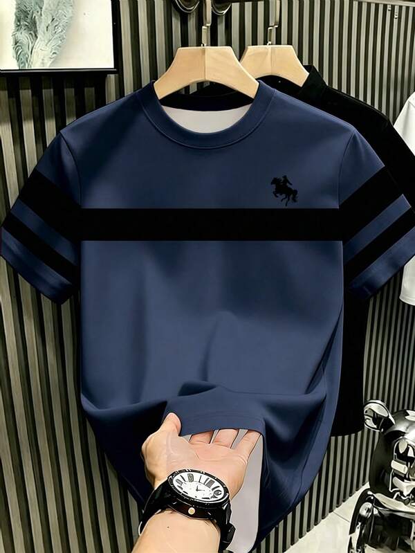 Manfinity Hypemode Men's Classic Striped Horse Logo Blue & Black Contrast T-Shirt