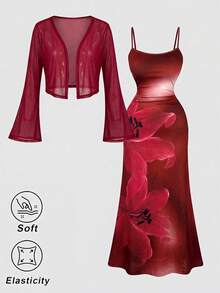 SHEIN MOD 大尺碼女款棕色百合印花 2 件式開襟衫與中長洋裝套裝，適合度假、音樂節 - 酒紅色 - 查看 3