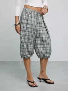COUREZ Low Rise Balloon Cropped Parachute Trousers Adjustable Hem Y2K Casual Old Money 70's Inspired Capris For Women Summer Everyday Formal Work Grey Plaid - Multicolor - View 6