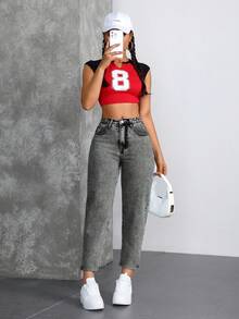 SHEIN ICON 女款休閒百搭牛仔Mom牛仔褲，附口袋 - 灰色 - 查看 2