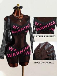 Mistrie Women's Letter Print Criss-Cross Contrast Color Sexy Mesh Sheer Long Sleeve Hot Girl Dress Rave Black Autumn - Black - View 2