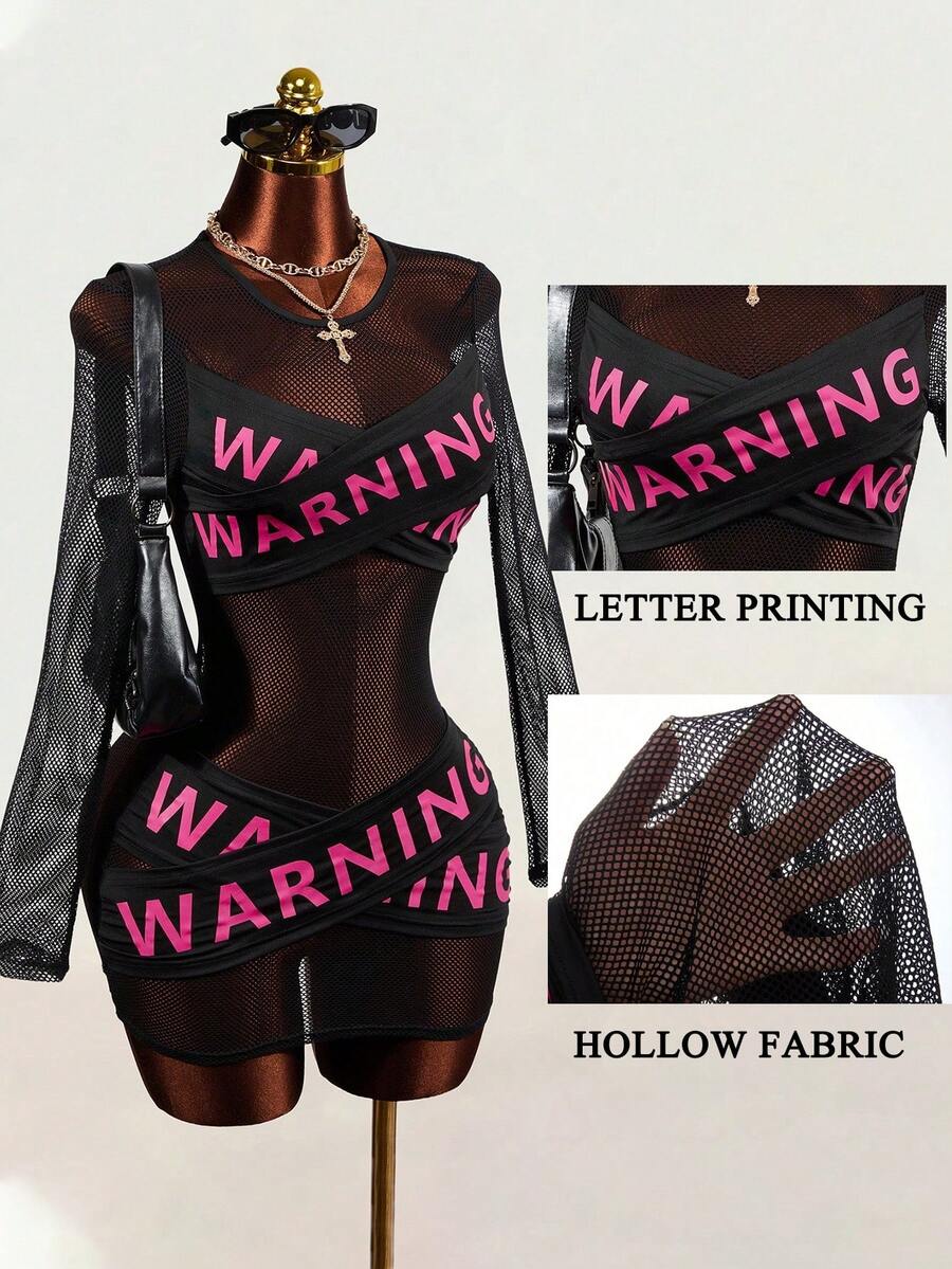 Mistrie Women's Letter Print Criss-Cross Contrast Color Sexy Mesh Sheer Long Sleeve Hot Girl Dress Rave Black Autumn