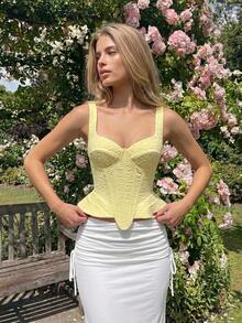 Glamine Charm Women's Summer Elegant Solid Color Jacquard Tank Top - Light Yellow - View 4