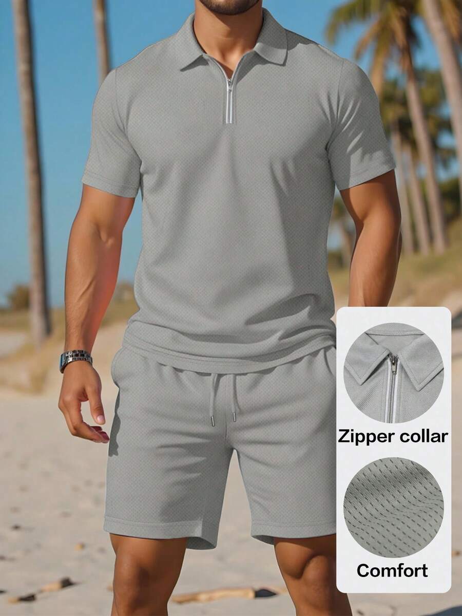 Manfinity Dauomo Men's Solid Zip-Up Short Sleeve Polo Shirt And Pocket Shorts Set - Light Grey - View 1
