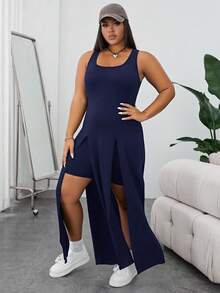 Shapeblank Casual Plus Size Knitted Navy Blue Scoop Neck Short Dress With Split Thigh Design - Navy Blue - View 3