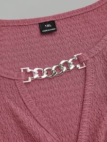 EMERY ROSE Plus Size Women's Spring/Summer Chain Splice Ruffle Twist Waist Knit Solid Color Elegant Graceful A-Line V-Neck T-Shirt Top - Pink - View 7