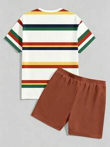 Sorvial Men's Fashion Colorful Striped Print T-Shirt And Drawstring Waist Shorts Set - Multicolor - View 4