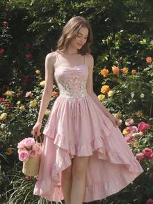 SHEIN MOD Damen Blumenmuster Bindung Design Plissee Lässig Party Midi Kleid - Pink - Übersicht 1