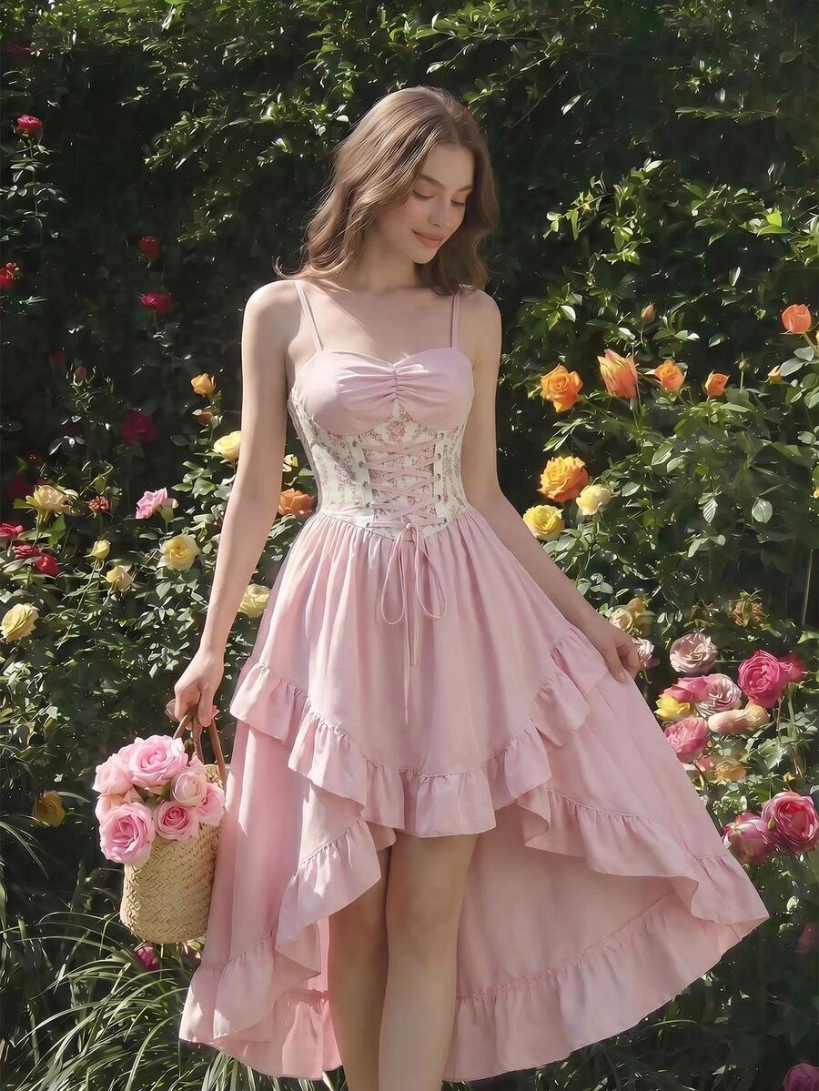 SHEIN MOD Damen Blumenmuster Bindung Design Plissee Lässig Party Midi Kleid - Pink - Übersicht 1