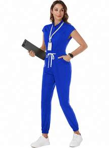 TaskEZ Drawstring Waist Scrub Uniform Jumpsuit - Royal Blue - View 4