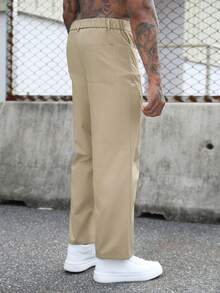 Manfinity Homme 男士素色休閒口袋鈕扣商務寬鬆長褲 - 卡其色 - 查看 2