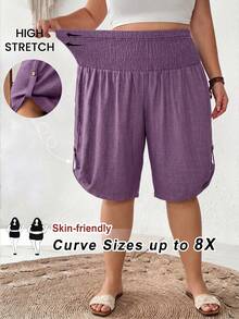 SHEIN CURVE+ 大尺碼女款夏季休閒街頭風抽繩腰高腰七分褲百慕達短褲 度假深紫色 - 紫色 - 查看 1