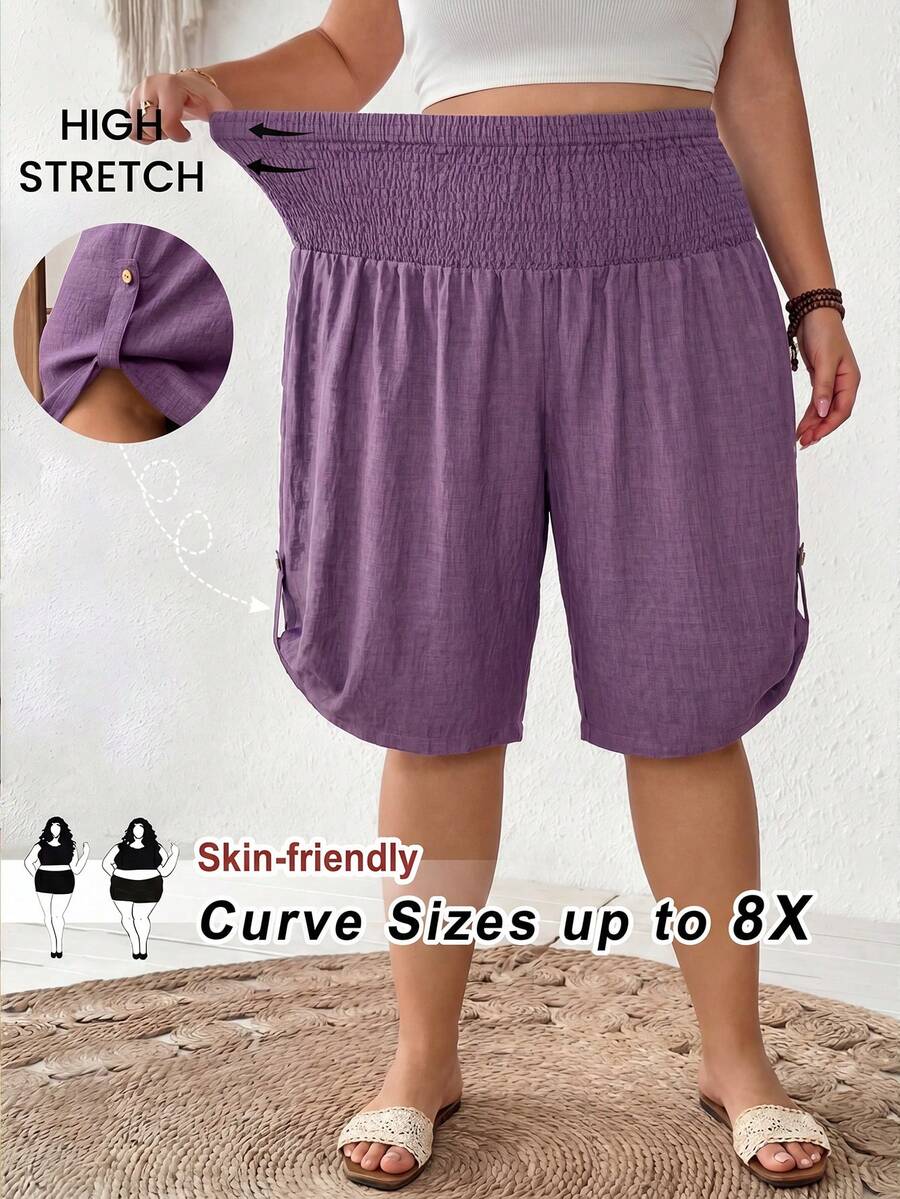 SHEIN CURVE+ 大尺碼女款夏季休閒街頭風抽繩腰高腰七分褲百慕達短褲 度假深紫色 - 紫色 - 查看 1