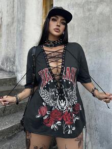 Whyspr 暗黑龐克風復古黑色機車搖滾圖案前綁帶女款T恤 - 深灰色 - 查看 3