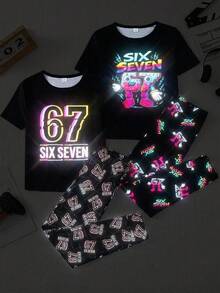 SHEIN 青少年男孩修身霓虹卡通螢光 67 號圖案緊身短袖上衣與長褲針織舒適居家睡衣 2 件套 - 黑色 - 查看 2