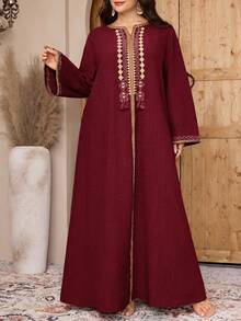 Al Najma 大尺碼女款時尚度假刺繡阿拉伯傳統長洋裝 - 酒紅色 - 查看 7