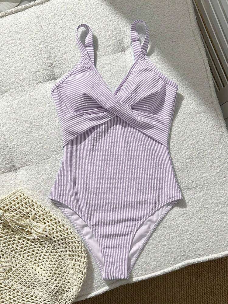 Swim Lushoire Striped Special Fabric Criss-Cross One-Piece Swimsuit - Purple - View 5