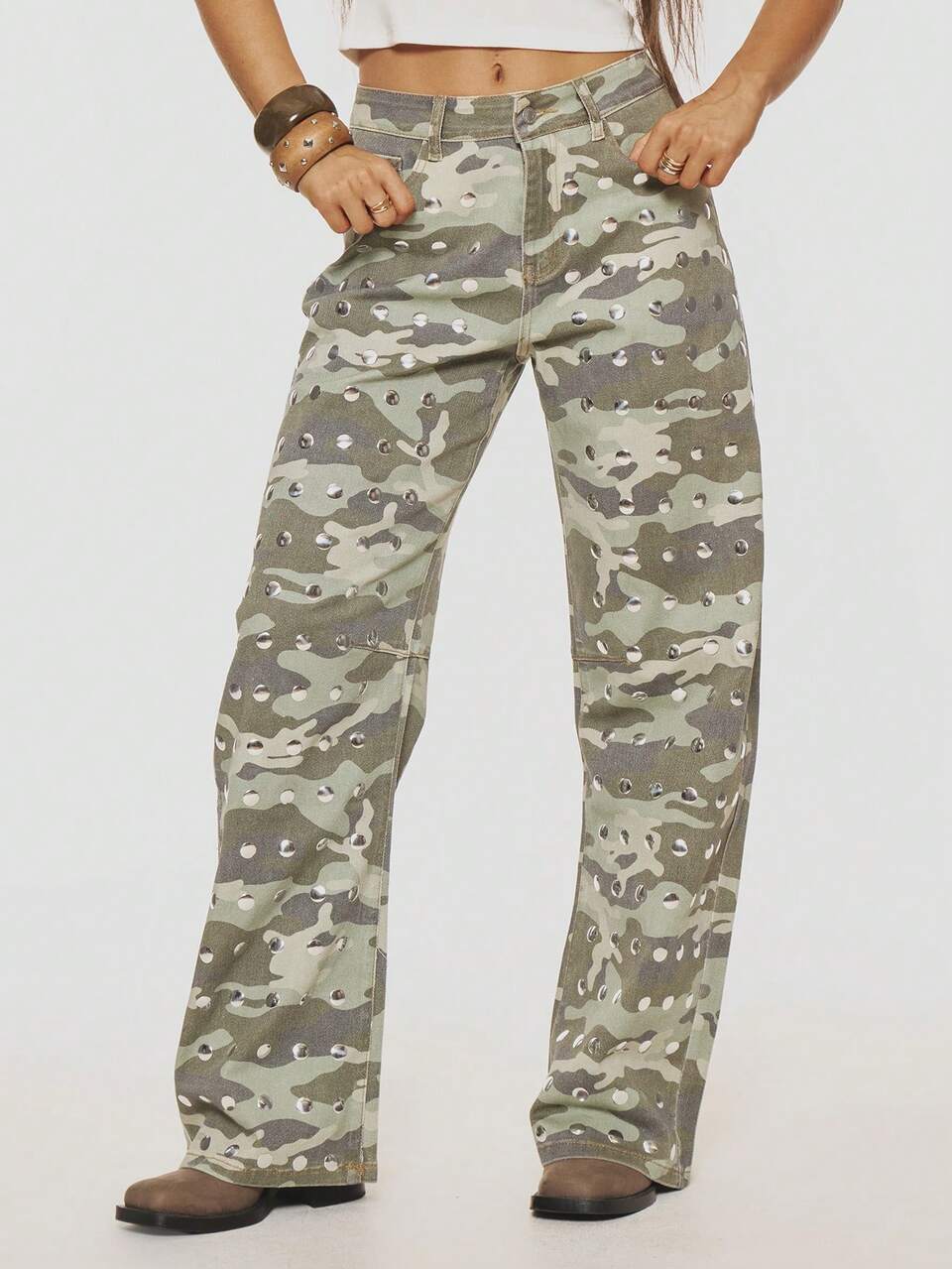 Green Camo Print Studded Denim Straight Leg Jeans