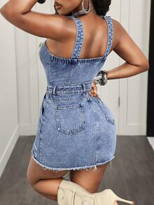 BamGleam Women's Spring/Summer Button Multi-Pocket Frayed Distressed Blue Denim Dress - Medium Wash - View 3