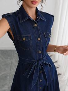 SHEIN Clasi 女款寬鬆優雅通勤休閒牛仔洋裝 - 深色水洗藍 - 查看 5