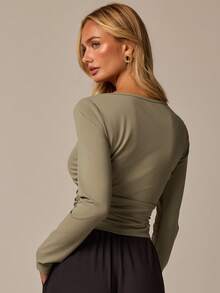 COSMINA Women's Solid Color Round Neck Long Sleeve Asymmetrical Hem Fitted Casual Elegant T-Shirt Date Office Sage Green Autumn - Army Green - View 5