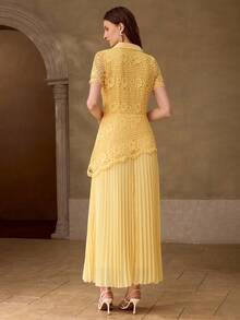 MOTF PREMIUM WOMEN'S AUTUMN/WINTER LACE EMBROIDERED HEM CHIFFON PLEATED PATCHWORK WAIST-CINCHING DRESS - Light Yellow - View 7