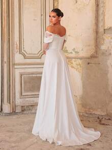 Aureia Elegant Luxurious White Elastic Knit Contrast Lace Cold Shoulder Sheer Sleeve Ruched V-Waist A-Line Hem Wedding Event Bridal Gown Evening Dress - White - View 2