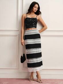 BELROSIE French Elegant 70's Women's Luxury Design Black And White Striped Checkered Contrast Lace Patchwork Straight Mid-Length Skirt Party Dinner Autumn - Black and White - View 2