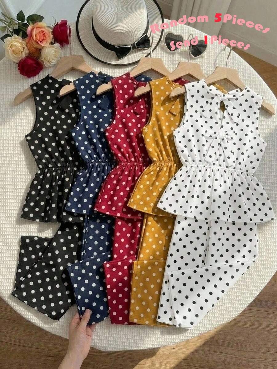 SHEIN Teen Girl Polka Dot Print Ruffle Hem Tank Top And Pants Set - Multicolor - View 1