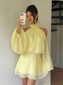Aloruh 女款秋冬新款長袖純色杏色迷你洋裝，燈籠袖A字裙，適合派對、約會與下午茶 - 淡黃色 - 查看 7