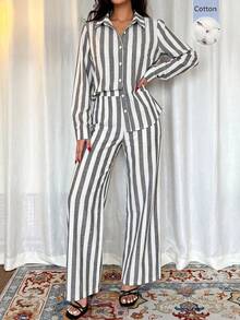 SHEIN Franclia 女款法式優雅休閒通勤返校條紋長袖兩件套 - 彩色 - 查看 6