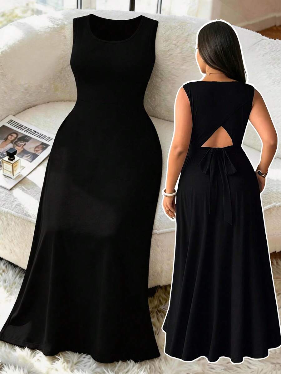 Elenzga Vestido de punto versátil con espalda hueca para tallas grandes - Negro - Ver 1
