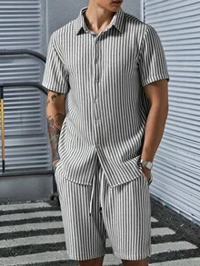 Manfinity CasualCool 男士條紋針織提花襯衫與短褲套裝，儀式穿著 - 灰色 - 查看 3