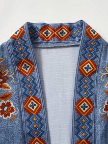 Rusticease Plus Size Allover Print Notched Neck 3/4 Sleeve Ruffle Trim Open Front Coat Fall Winter 2026 - Multicolor - View 4